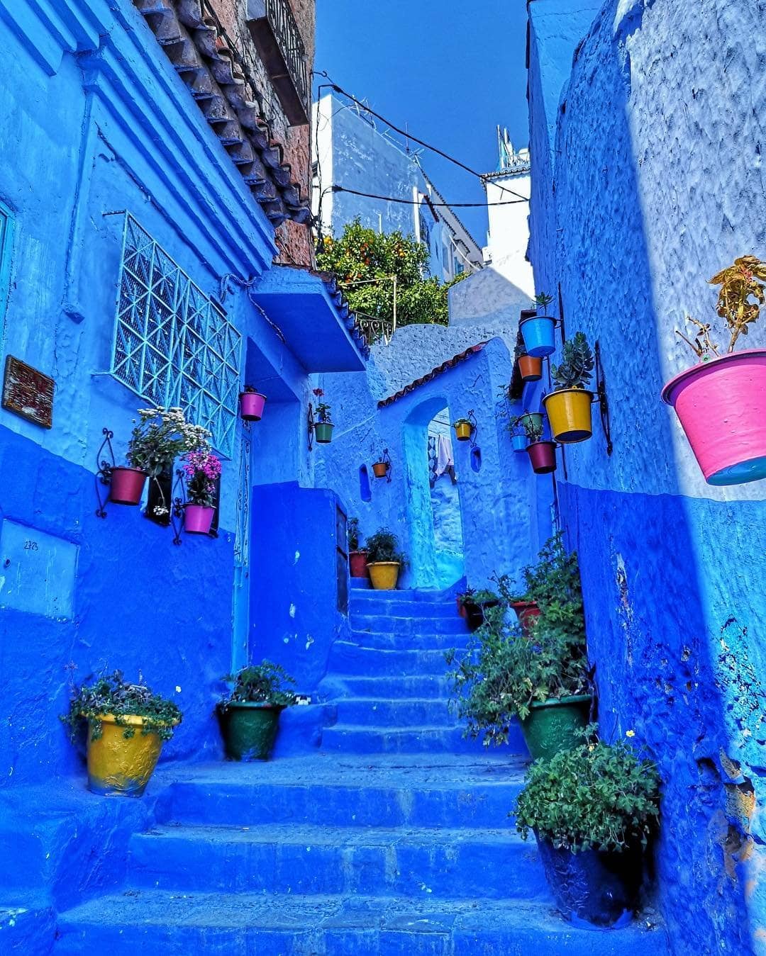Picturesque blue-painted streets and traditional Moroccan houses in Chefchaouen, nestled in the Rif Mountains of northern Morocco