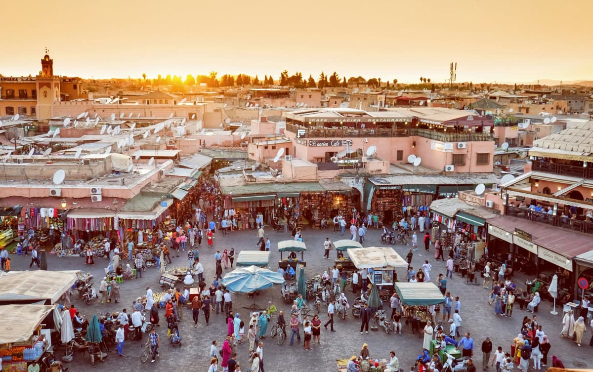 Traditional market street and architecture inside Marrakech Medina