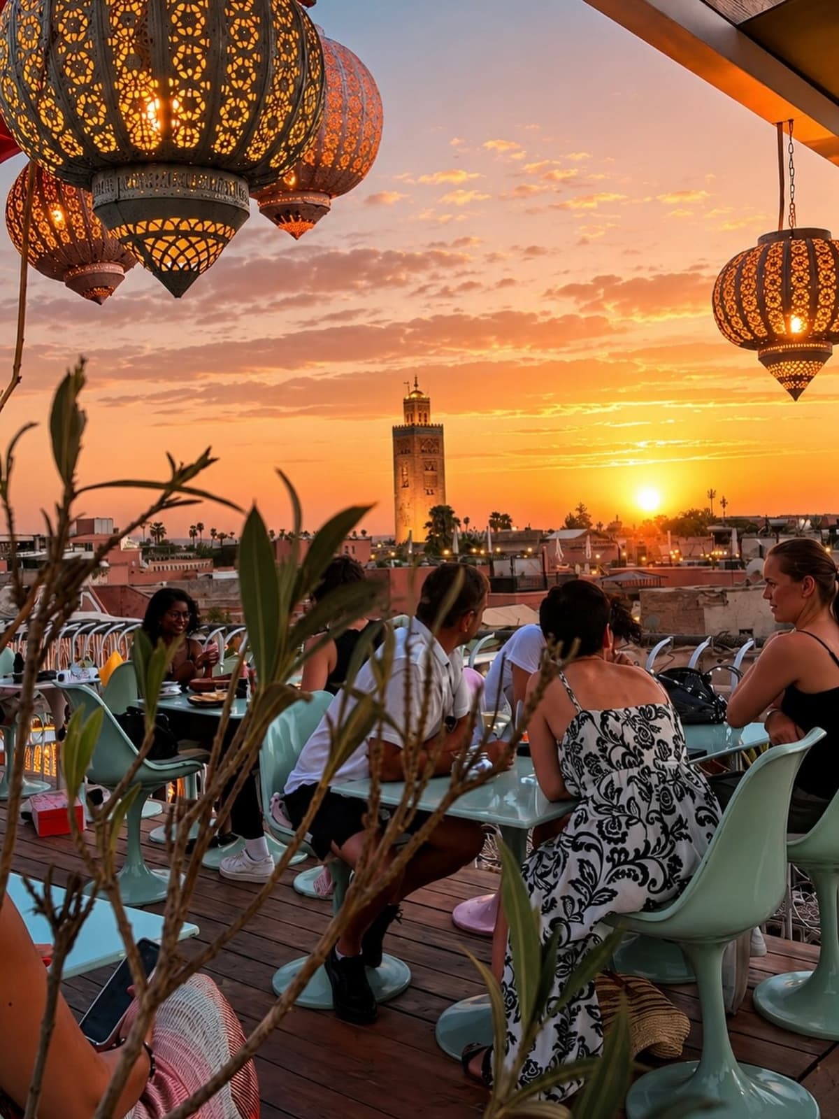 Marrakech Medina rooftops and Koutoubia Mosque under a sunny sky