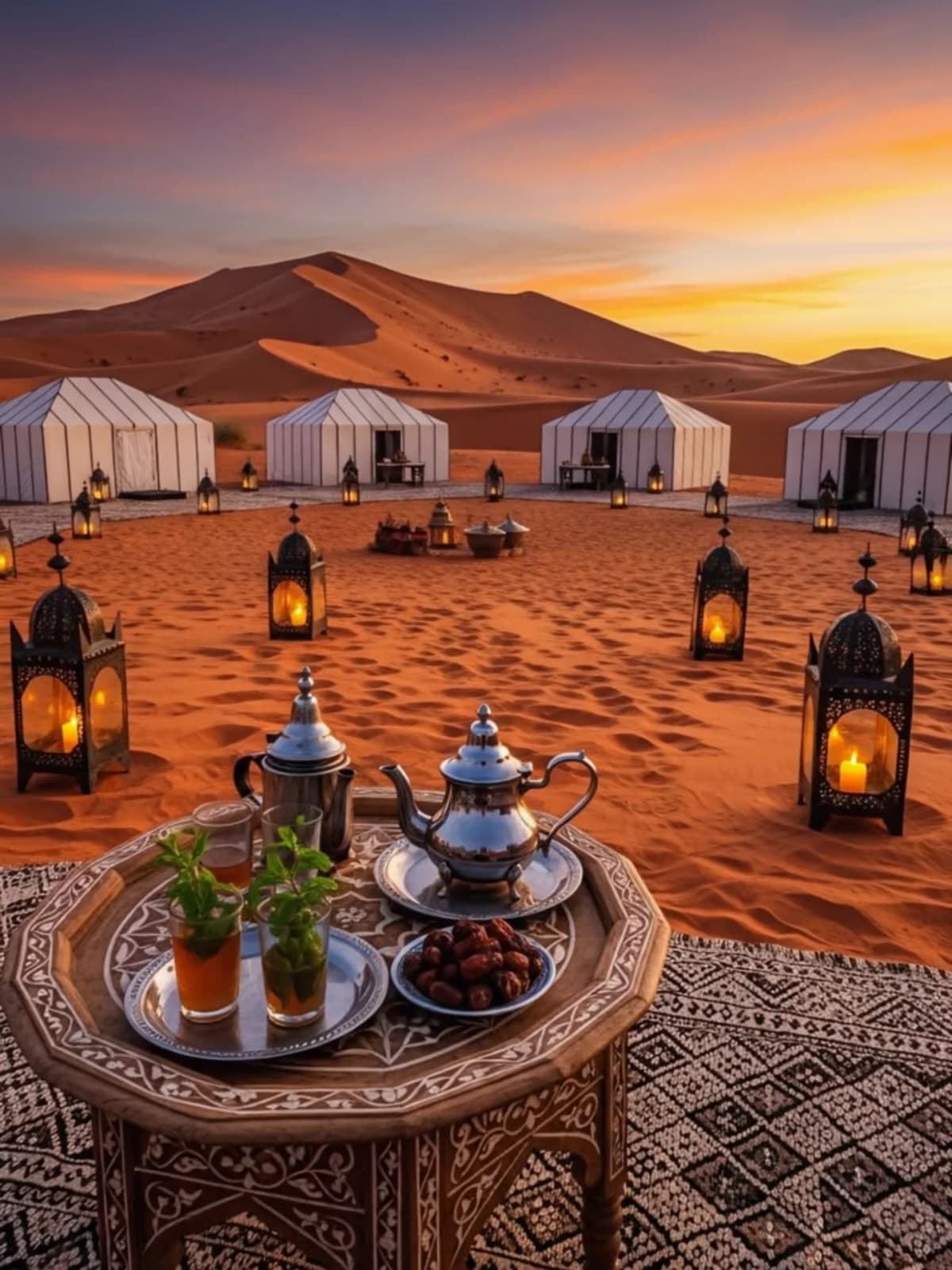 Luxury desert camp surrounded by Sahara dunes in Morocco