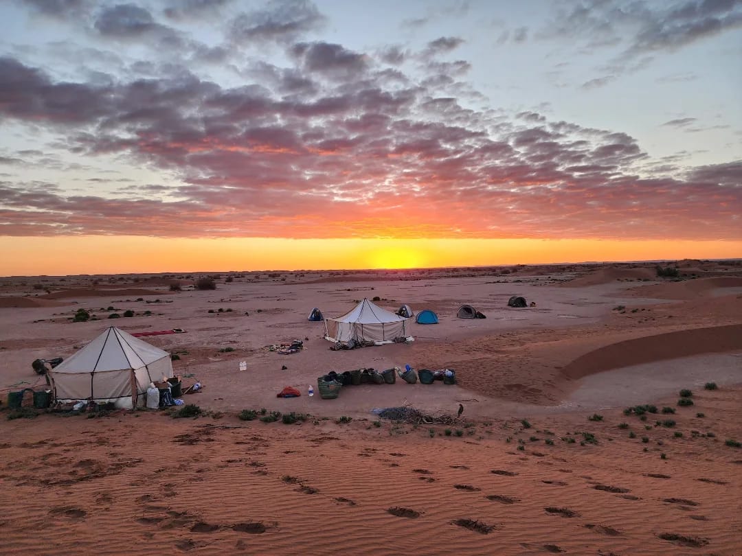 Camping in Morocco with traditional desert tents in the Sahara under a colorful sunset sky