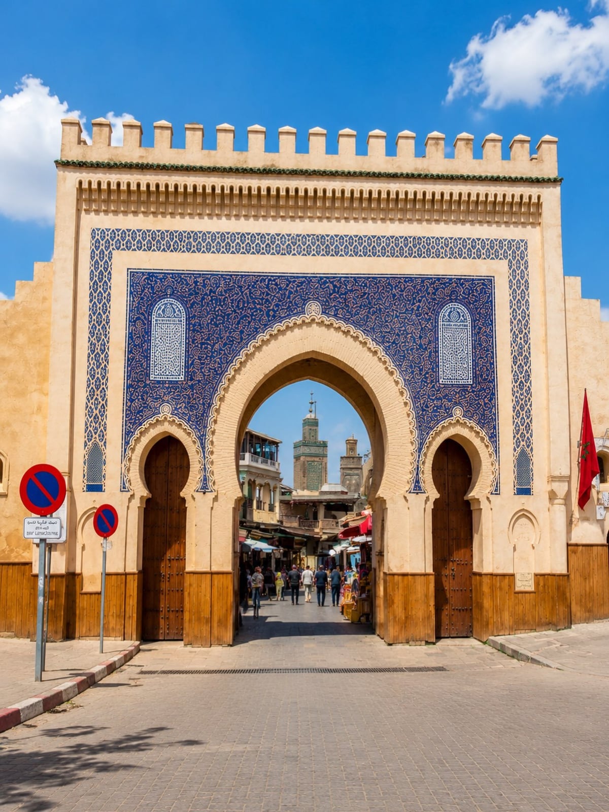 Blue Gate of Fes Morocco, Bab Bou Jeloud entrance to the ancient Medina during desert tour