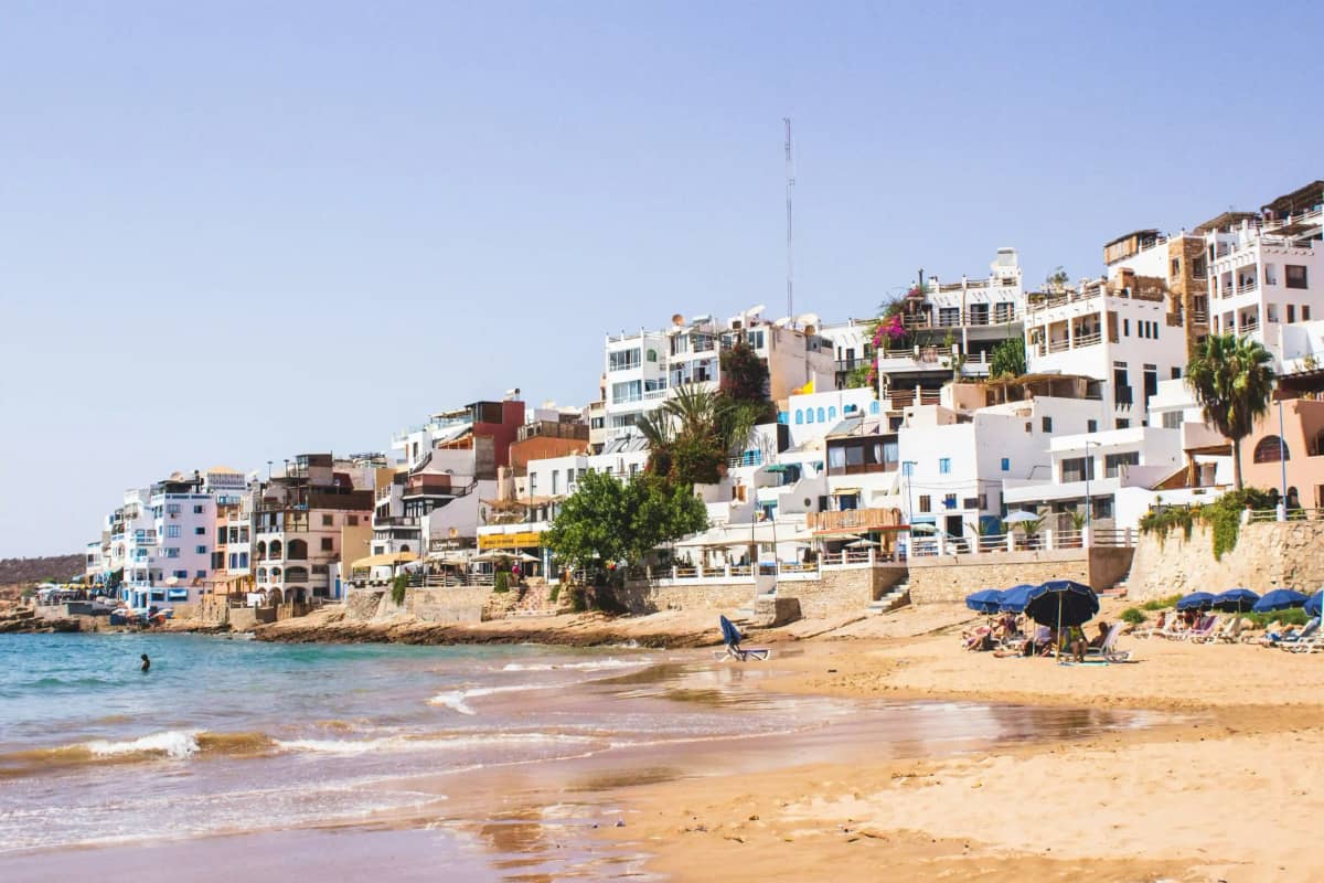 Agadir beach with golden sand and Atlantic Ocean coastline in Morocco