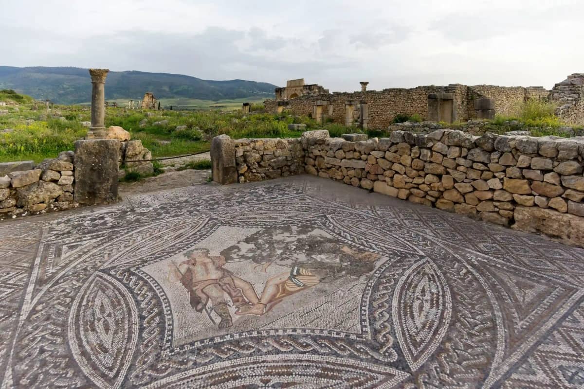 Ancient Roman columns at the Volubilis archaeological site