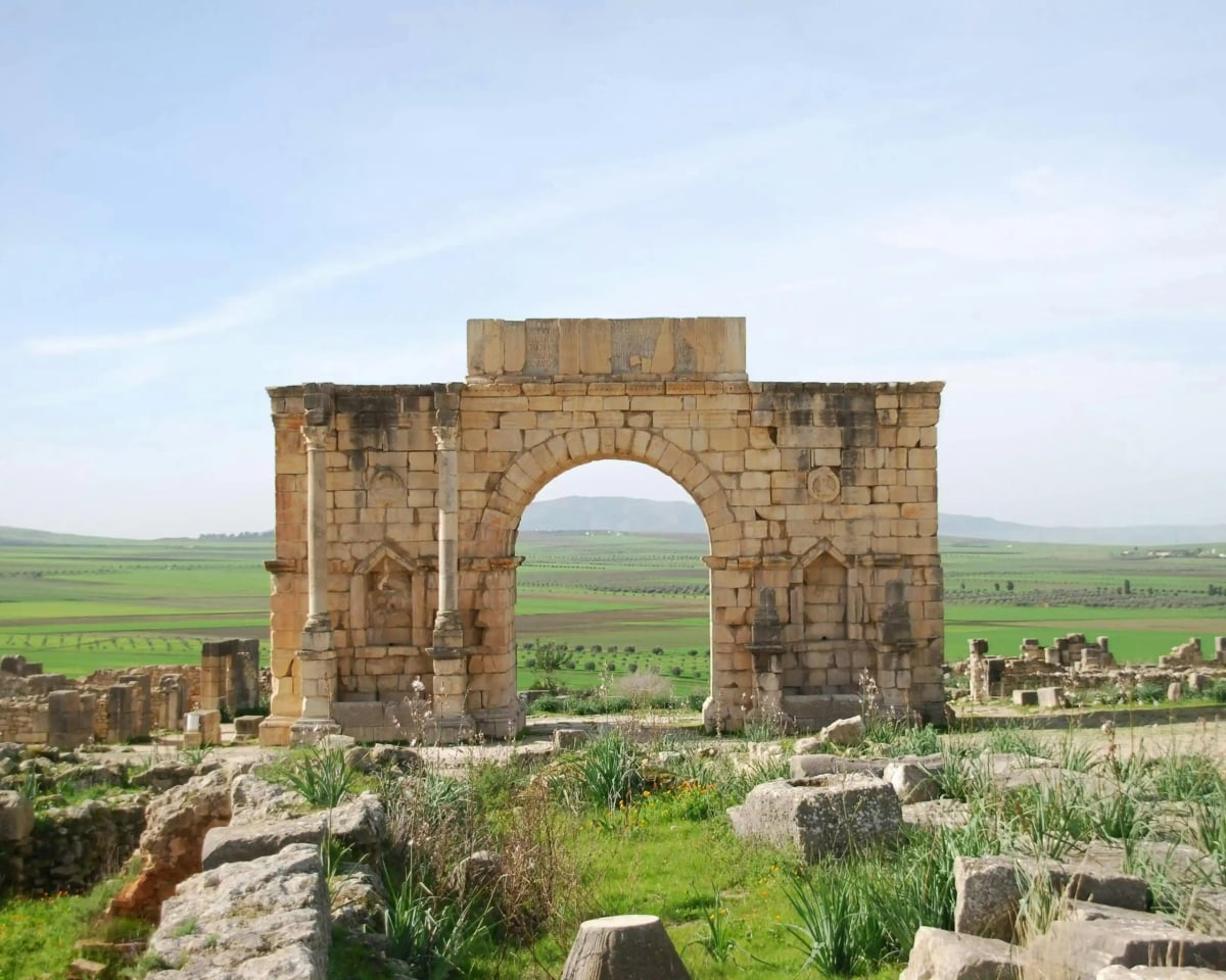 Ancient columns and mosaics at the Volubilis archaeological site