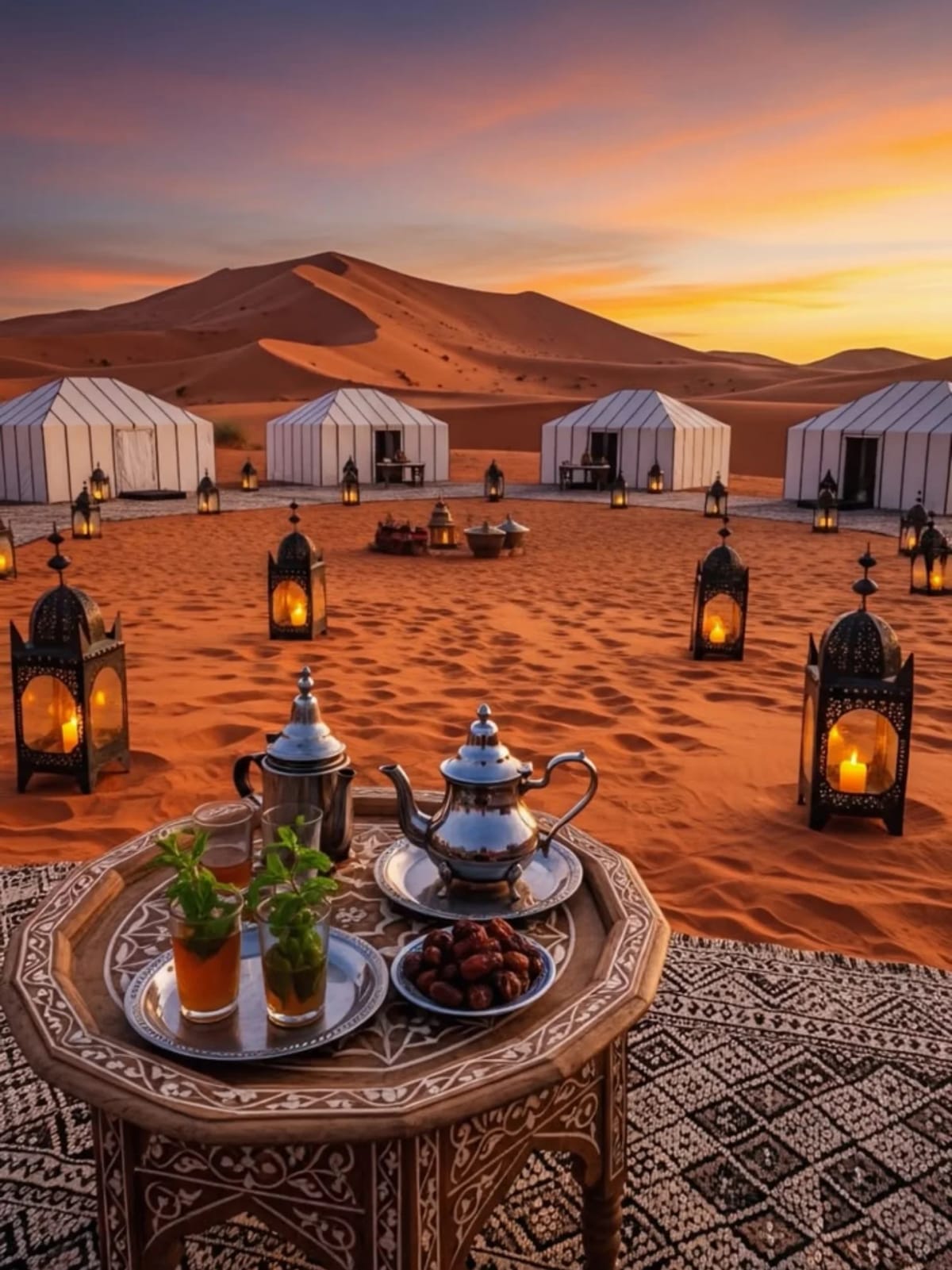 Luxury desert camp surrounded by Sahara dunes in Morocco